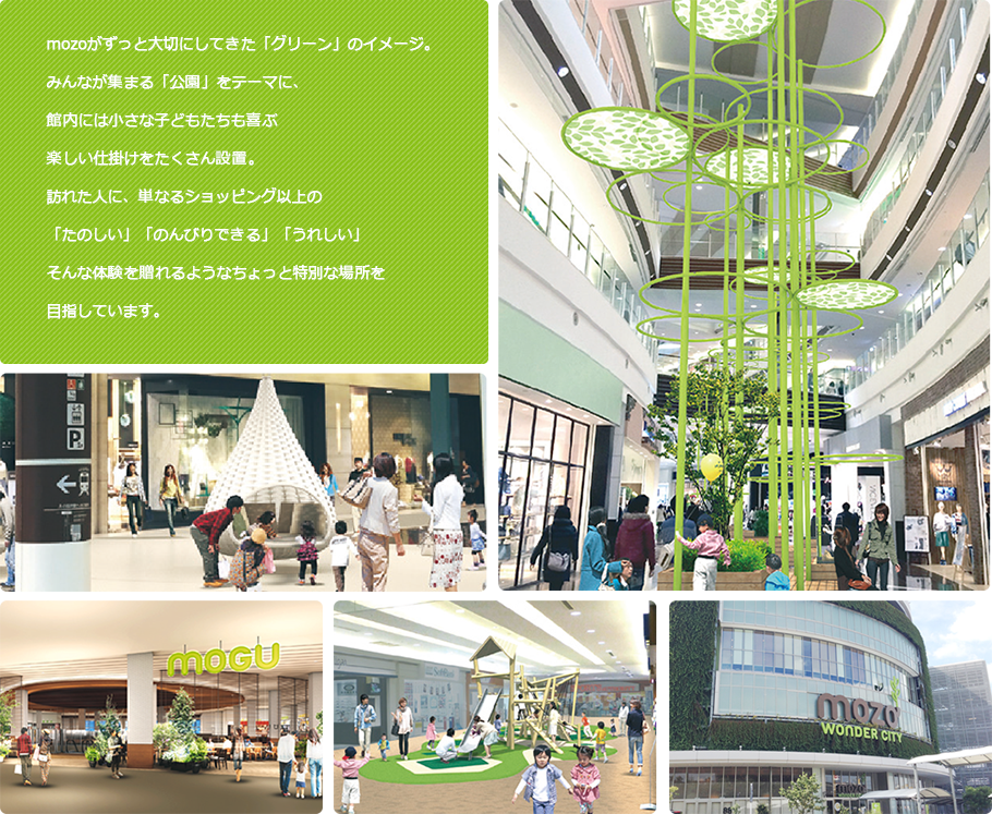 mozoがずっと大切にしていた「グリーン」のイメージ。今回は、それを活かしながら、みんなが集まる「公園」をテーマに2015年9月18日にリニューアルしました。館内には小さな子どもたちも喜ぶ、楽しい仕掛けをたくさん設置。訪れた人に、単なるショッピング以上の「たのしい」「のんびりできる」「うれしい」そんな体験を贈れるようなちょっと特別な場所を目指しています。