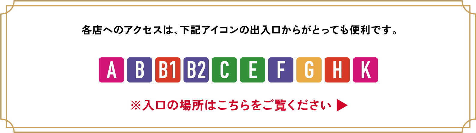 各店へのアクセスは、下記アイコンの出入口からがとっても便利です。A・B・B1・B2・C・D・F・G・H・K。入り口の場所はこちらをご確認ください。